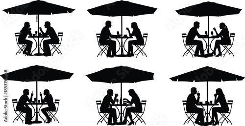 Silhouettes of couples sitting at outdoor café tables under umbrellas, engaging in conversation and leisure on white background