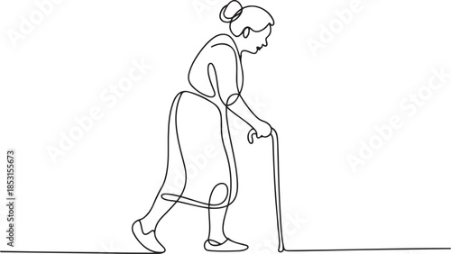 old senior woman walking.one line vector illustration with out background.