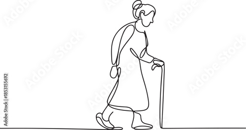 old senior woman walking.one line vector illustration with out background.
