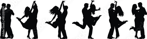 Silhouettes of dancing couples in expressive poses showcasing romantic movement, passion, and performance art on a white background
