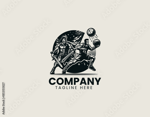 Warrior basketball character is depicted as a powerful sports emblem in a bold black vector logo illustration