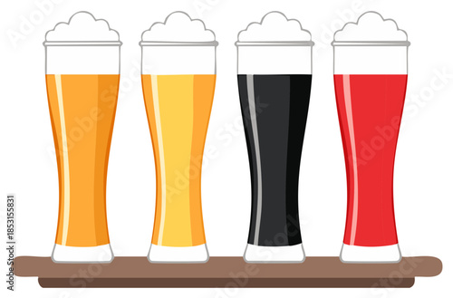 Craft beer tasting flight with four different beer styles in glasses vector illustration