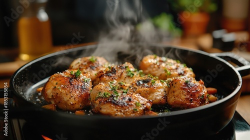 Close-up of seasoned chicken breasts searing in a cast iron skillet, with steam rising against a blurred background