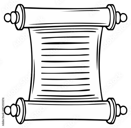 Illustration of an ancient scroll with horizontal lines of text and decorative rollers