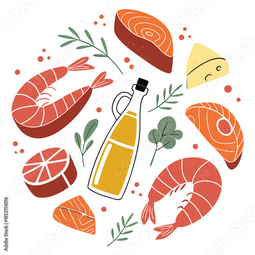 Vector illustration assortment of seafood with bottle of oil