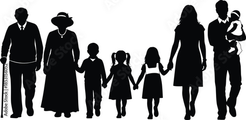Silhouettes of multi-generational family standing together, holding hands, symbolizing love, unity, and connection across different life stages