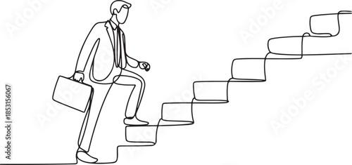 Continuous one line drawing of success business man walk on stair.one line vector illustration with out background.