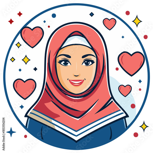 Charming Illustration of Woman Wearing Hijab Surrounded by Hearts and Stars