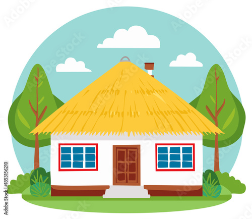 Charming Thatched Roof House Illustration in Rural Landscape with Green Trees
