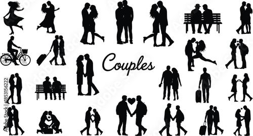 Silhouettes of romantic couples in various poses and activities, expressing love, connection, and companionship on white background