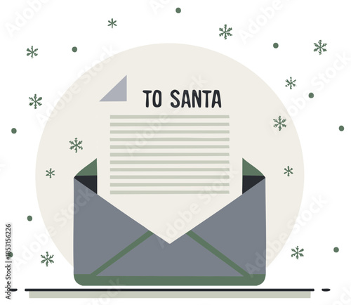 Modern flat illustration of a Christmas letter to Santa with falling snow and snowflakes