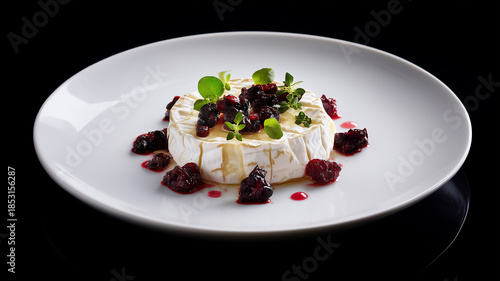 An elegant fine dining presentation of a whole Camembert cheese wheel, drizzled with honey and topped with a rich red fruit compote and fresh microgreens, served on a sleek white plate 