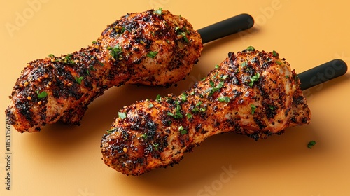 Two seasoned chicken drumsticks on sticks, with a light tan background. They are grilled and coated in herbs
