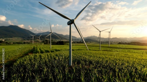 Green field dotted with wind turbines under a clear sky at sunset, a scenic view with mountains in the distance
