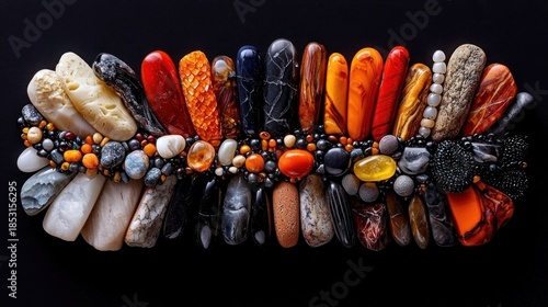 An artful, symmetrical display of various smooth stones and beads, arranged in a horizontal row on black