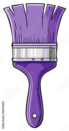 Cartoon illustration of a single wide purple paintbrush with splayed bristles