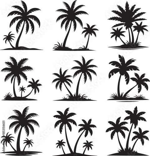 Collection of Nine Black Silhouettes of Palm Trees on a White Background tropical island
