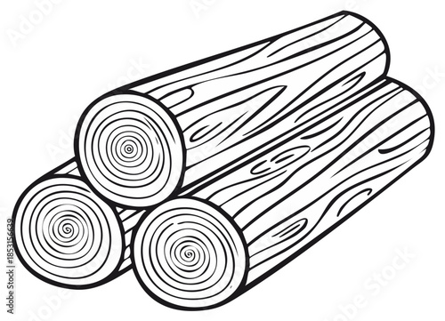 Stacked Logs, Monochrome Line Art, Timber Pile, Cut Tree Trunks, Round Sections, Monochrome Illustration