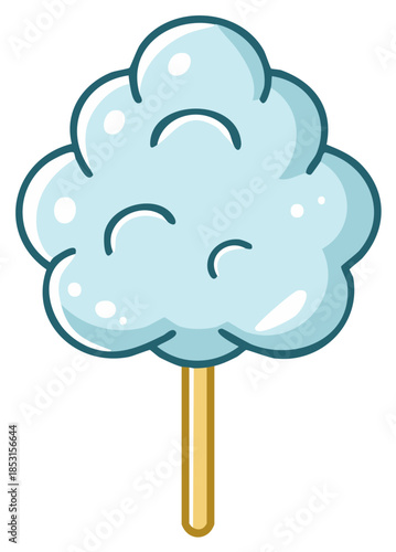 Cute cartoon light blue cotton candy on a stick, sweet fluffy sugary treat icon.
