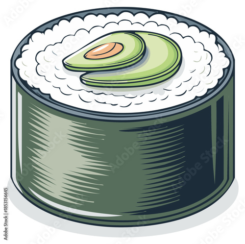 Illustration of a sushi roll with avocado topping, Japanese food concept