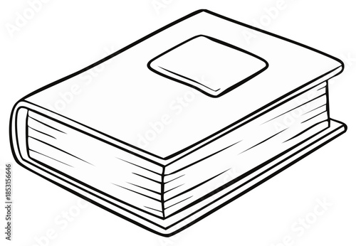 Closed hardcover book with a blank label, simple black and white line art illustration