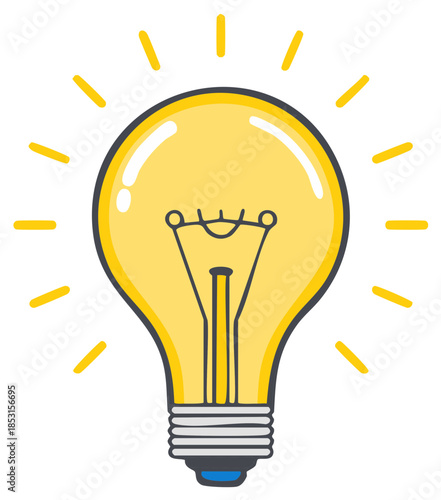 Cartoon yellow light bulb emitting bright light rays representing inspiration or idea