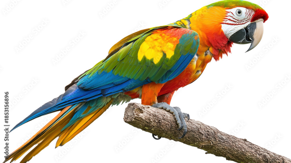 Fototapeta premium A colorful parrot is perched on a branch, isolated on a transparent background
