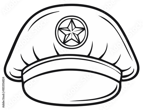 Black and White Outline Illustration of a Uniform Service Cap with Star Emblem