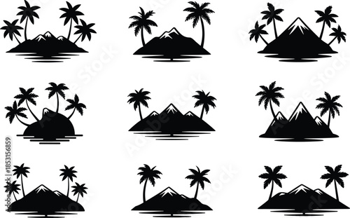 Tropical island silhouette set with palm trees, mountains, and water reflections for travel, nature, and decorative themes.