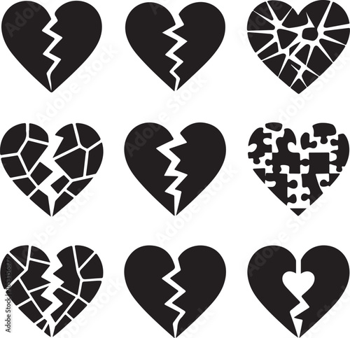 Collection of Nine Broken Heart Icons in Various Styles love heartbreak