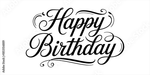 Elegant happy birthday text in decorative black script lettering with flourishes on a clean white background Vector, illustration
