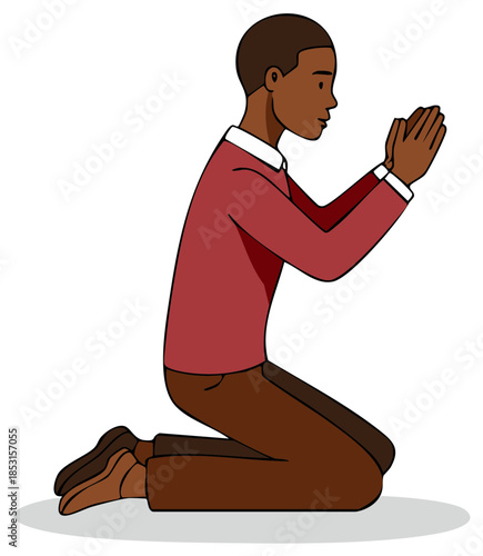 Illustration of a kneeling man with clasped hands in a gesture of prayer or supplication.