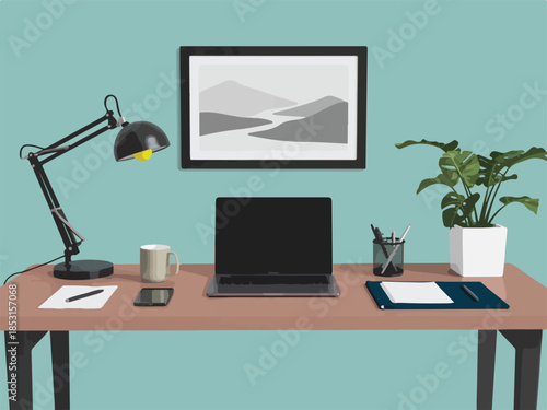 Computer on office desk in modern workspace