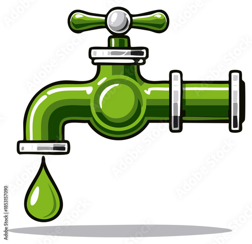 Green faucet dripping a single water drop representing conservation and eco-friendly resources
