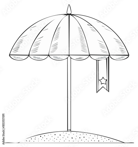 Hand drawn sketch of a beach umbrella or parasol in the sand with a hanging star banner