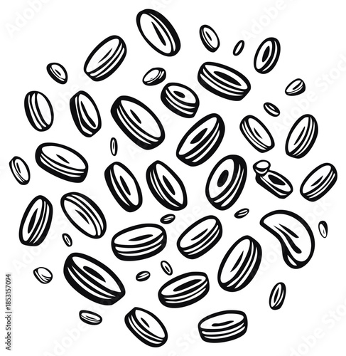 Hand drawn black and white illustration of floating red blood cells or organic beans