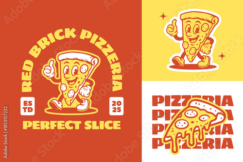 Pizza Retro Mascot Logo for Pizza Shop and Restaurant. Cartoon Character Vector Illustration in Vintage Style