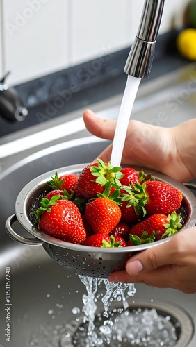 Strawberries being washed in a colander