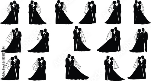 Wedding couple silhouette set with fifteen romantic poses featuring bride and groom in traditional attire for love themes.