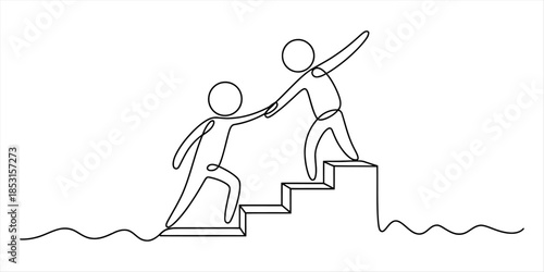 One-line drawing symbolizing teamwork, help, and leadership as one person assists another up the stairs Vector, illustration