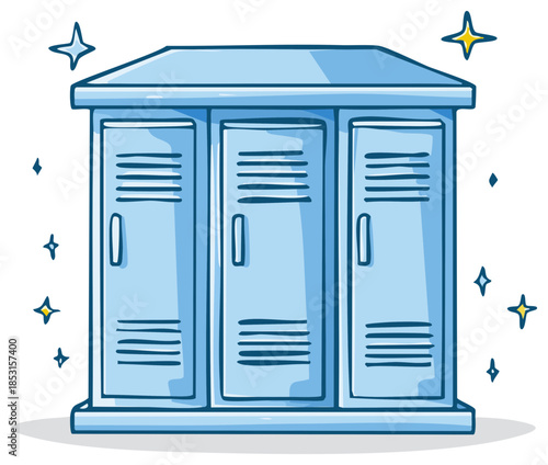 Clean blue bank of three gym lockers with sparkling highlights