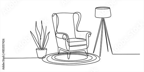 Continuous line art drawing of a comfortable armchair, floor lamp, and houseplant Vector, illustration