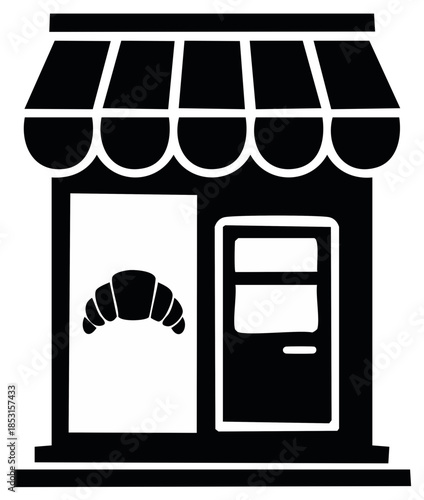 Black and white bakery shop building with awning and croissant emblem on a window vector