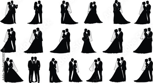 Wedding couple silhouette set with twenty romantic poses including bride, groom, bouquet, and proposal for love themes.