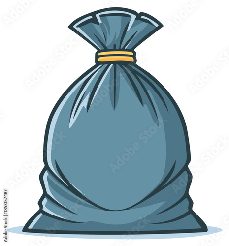 Cartoon blue garbage bag tied with yellow string ready for waste disposal and clean up illustration