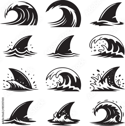 Collection of twelve black and white shark fins and wave icons in a grid format Keywords: shark fin, wave, ocean, sea, water, surfing, danger, predator, marine life, aquatic, symbol, icon