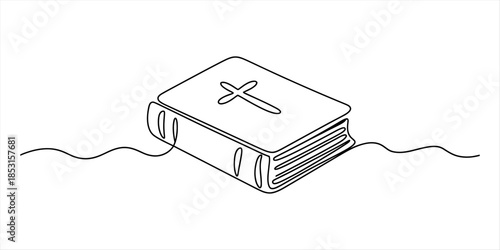 Continuous line drawing of a holy bible with a christian cross symbol on the cover Vector, illustration