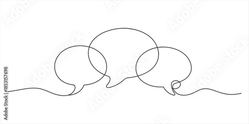 Continuous line drawing of three speech bubbles representing communication and dialogue Vector, illustration
