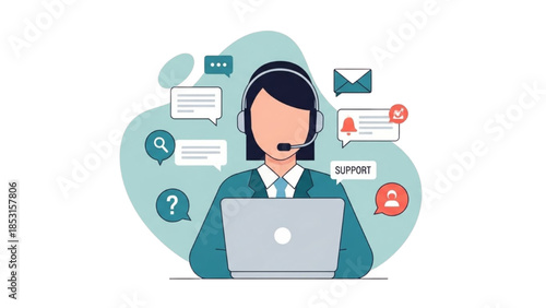 Customer service representative with headset and laptop, surrounded by communication icons