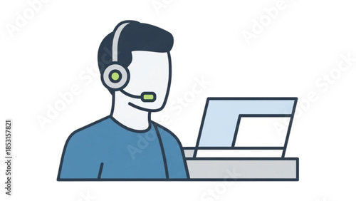 Call center agent with headset and laptop providing customer service support